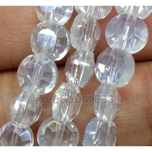 Chinese crystal glass bead, faceted flat round, white AB color