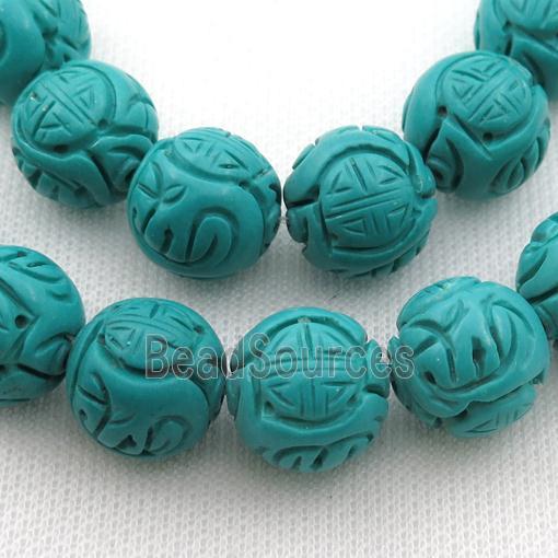 teal Sinkiang Turquoise round beads, carved