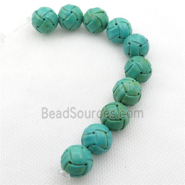 green Sinkiang Turquoise round beads, football, carved