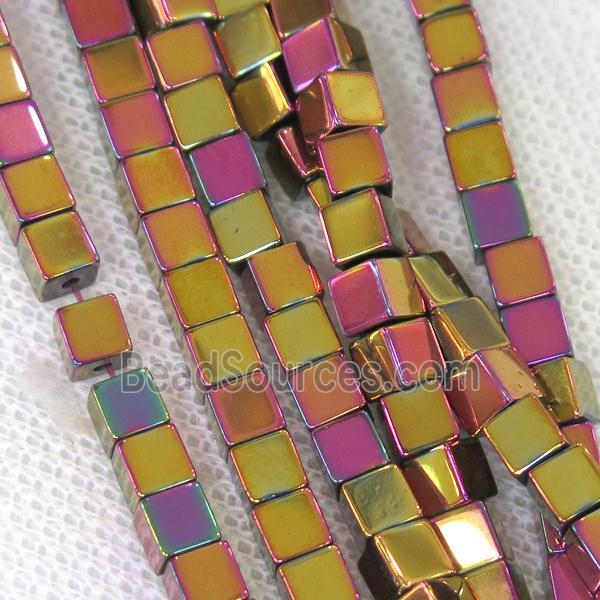 Hematite cube beads, peachpurple electroplated