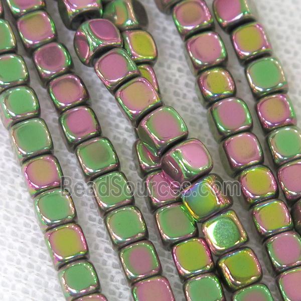 Hematite cube beads, greenred electroplated