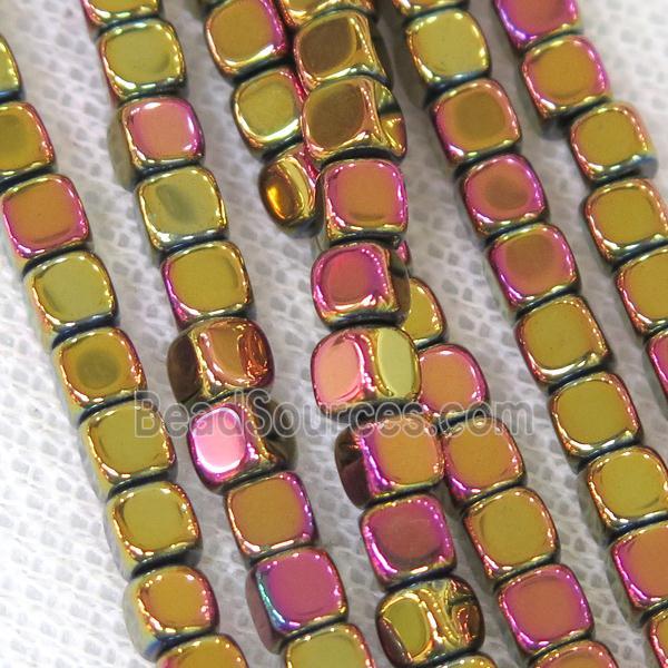 Hematite cube beads, goldpurple electroplated