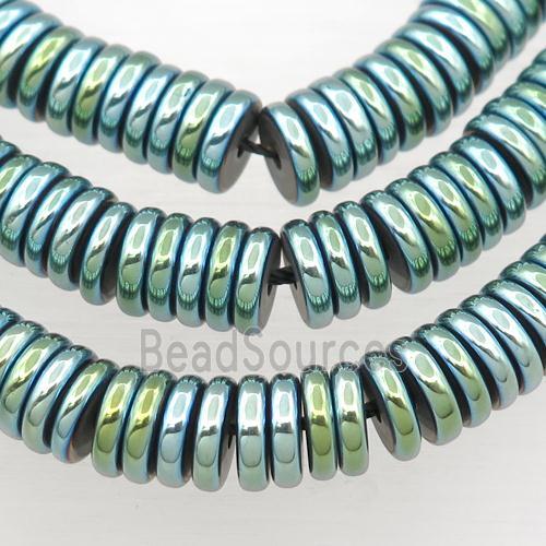 Hematite heishi beads, green electroplated