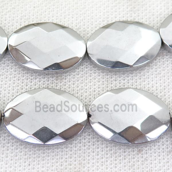 Hematite Beads, faceted oval, silver plated