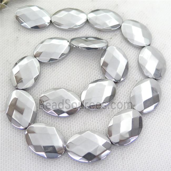 Hematite Beads, faceted oval, silver plated