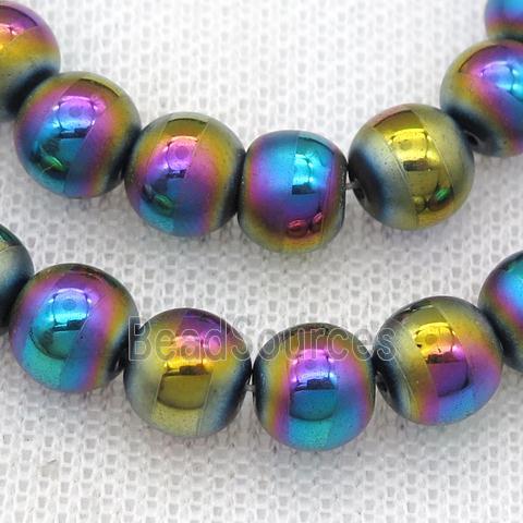 round Hematite Beads with line, rainbow electroplated, matte