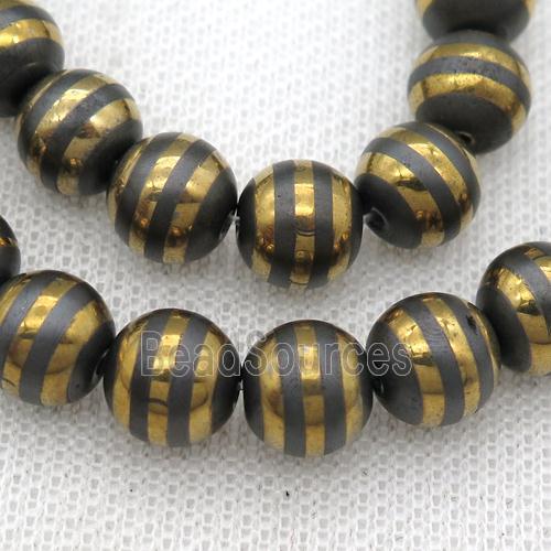 black Hematite beads with golden line, round, matte