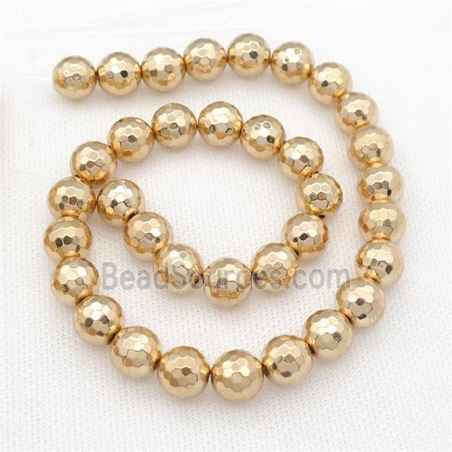 faceted round Hematite Beads, light KC-gold electroplated