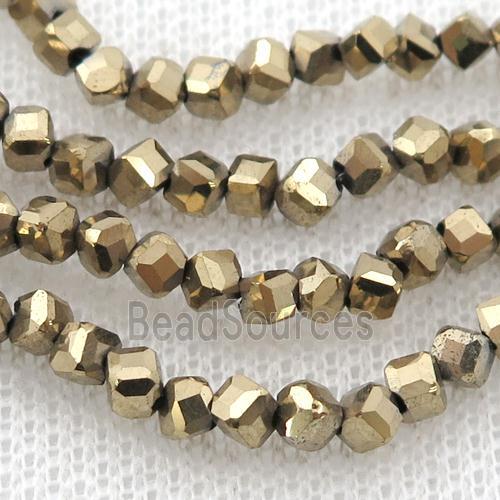 Hematite beads, corner-drilled cube, pyrite color electroplated