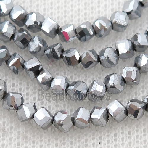 Hematite beads, corner-drilled cube, platinum electroplated