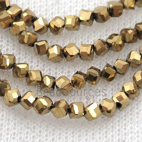 Hematite beads, corner-drilled cube, gold electroplated