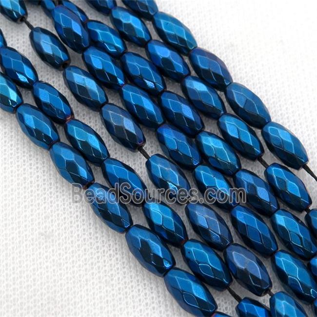 Hematite beads, faceted rice, blue electroplated