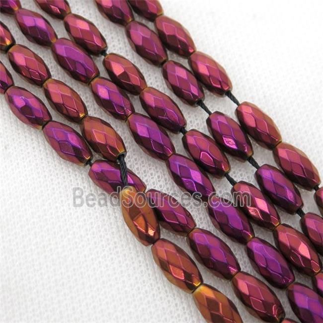 Hematite beads, faceted rice, fuchsia electroplated