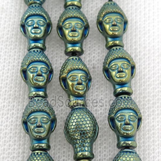 Hematite buddha beads, green electroplated