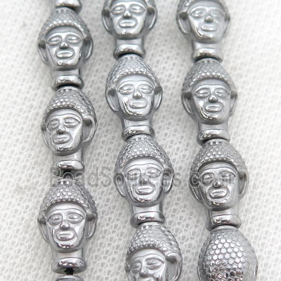 Hematite buddha beads, platinum electroplated