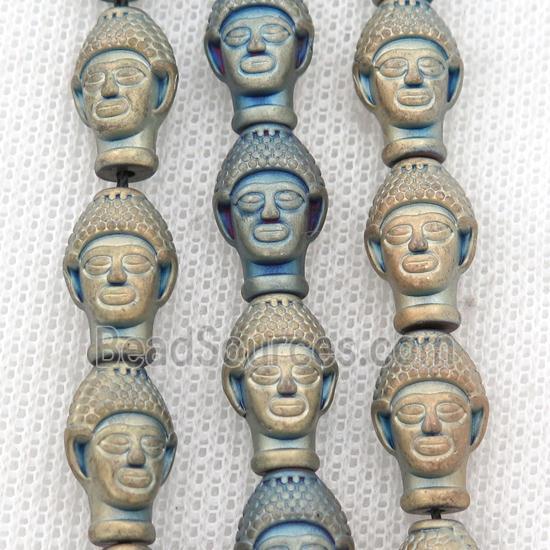 matte Hematite buddha beads, bluegold electroplated