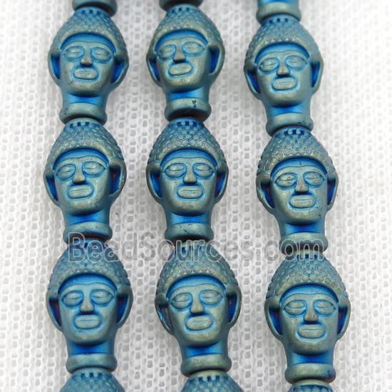 matte Hematite buddha beads, green electroplated