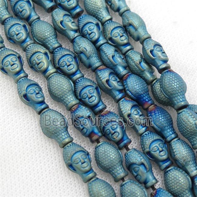 matte Hematite buddha beads, green electroplated