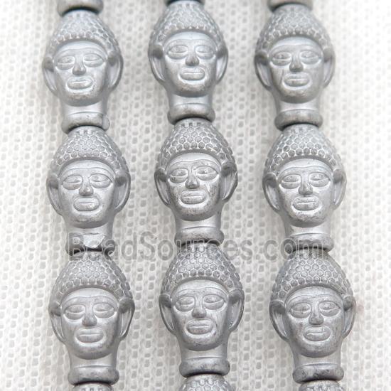 matte Hematite buddha beads, platinum electroplated