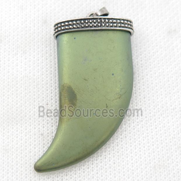 matte Hematite horn pendant, green electroplated