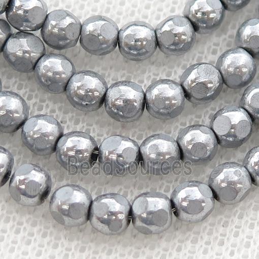 faceted round Hematite beads, platinum electroplated