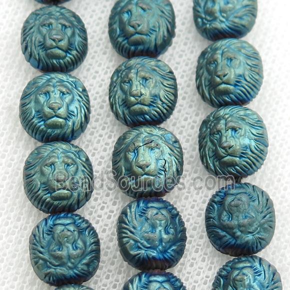 matte Hematite Lion Beads, green electroplated