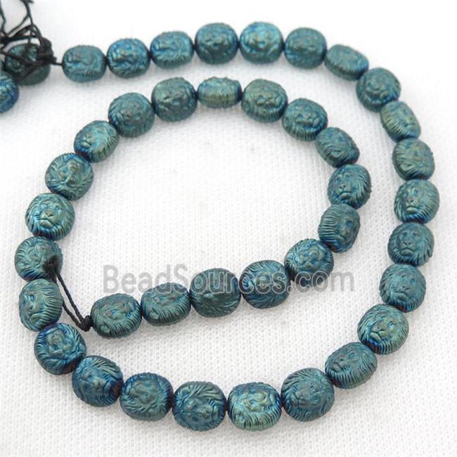 matte Hematite Lion Beads, green electroplated