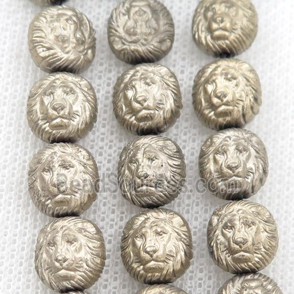 matte Hematite Lion Beads, pyrite color electroplated