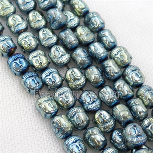 Hematite buddha beads, green electroplated