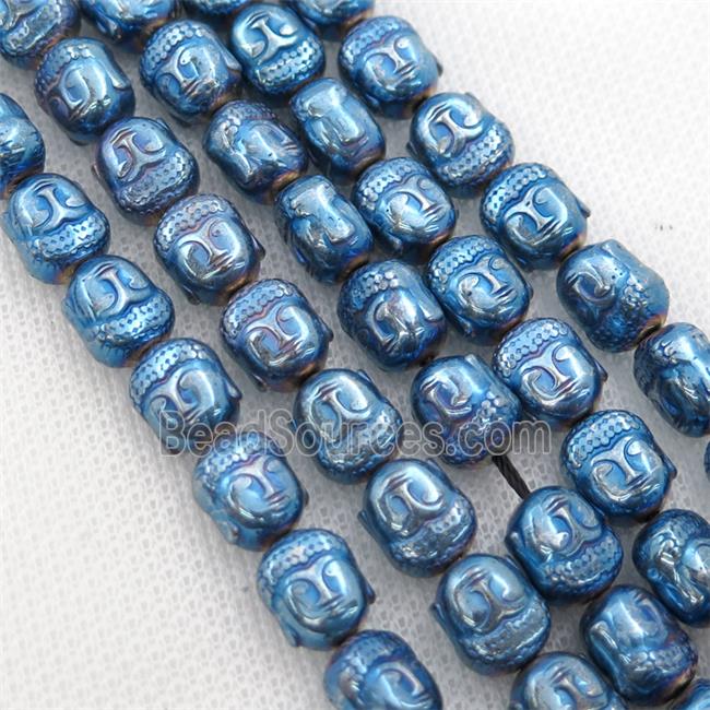 Hematite buddha beads, blue electroplated