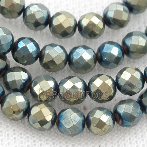 Hematite beads, faceted round, bluegold electroplated