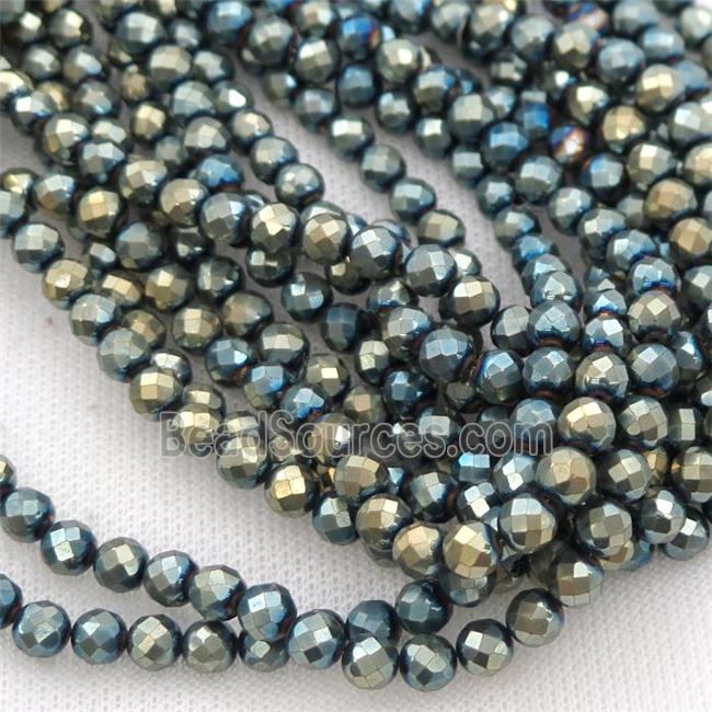 Hematite beads, faceted round, bluegold electroplated