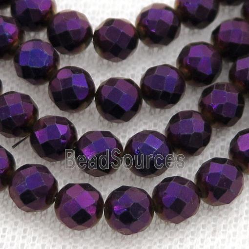 Hematite beads, faceted round, purple electroplated