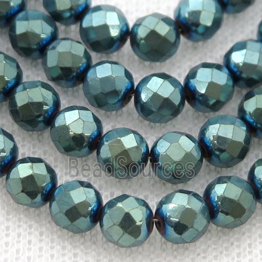 Hematite beads, faceted round, green electroplated