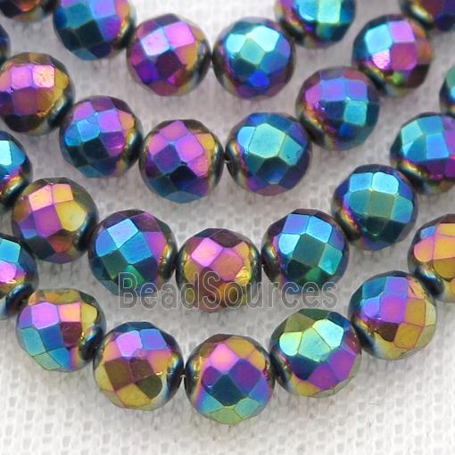 Hematite beads, faceted round, rainbow electroplated