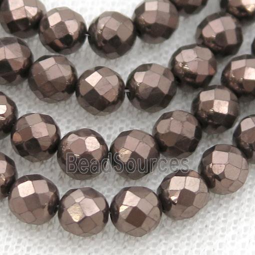 Hematite beads, faceted round, chocolate electroplated