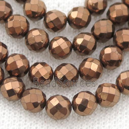 Hematite beads, faceted round, brown electroplated