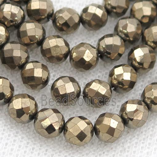 Hematite beads, faceted round, pyrite color electroplated