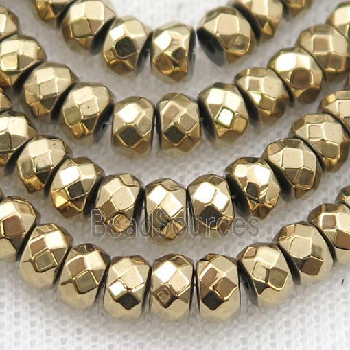 Hematite beads, faceted rondelle, lt.gold electroplated