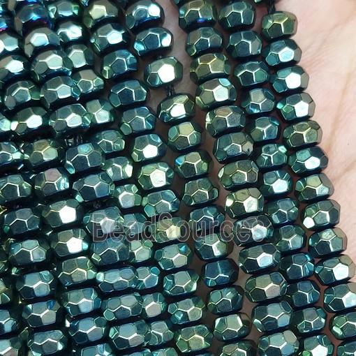 green Hematite Beads, faceted rondelle, electroplated