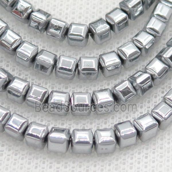 Hematite Cube Beads Faceted Platinum Electroplated