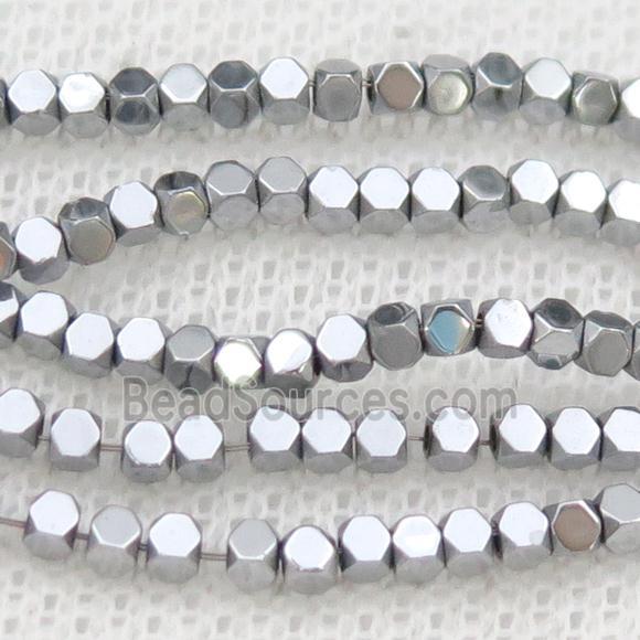 Hematite Beads Faceted Cube Platinum