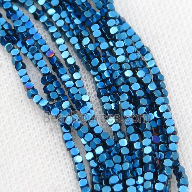 Blue Hematite Beads Faceted Cube Electroplated