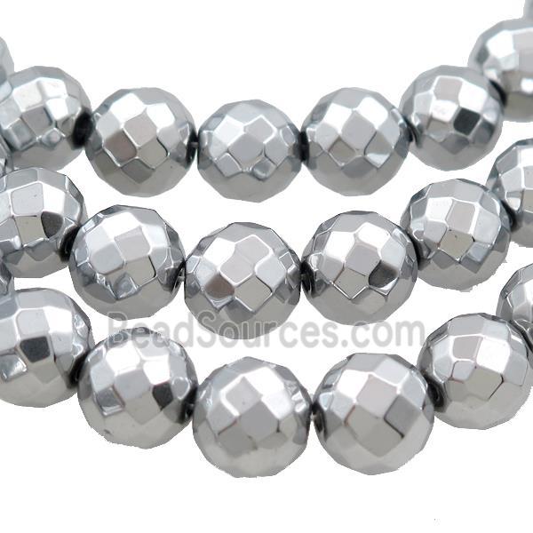 Hematite Beads Faceted Round Platinum Plated