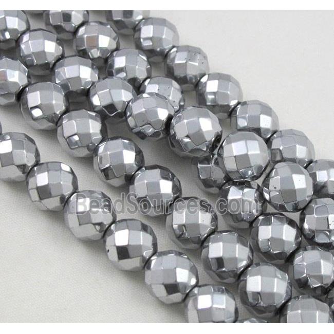 Hematite Beads Faceted Round Platinum Plated