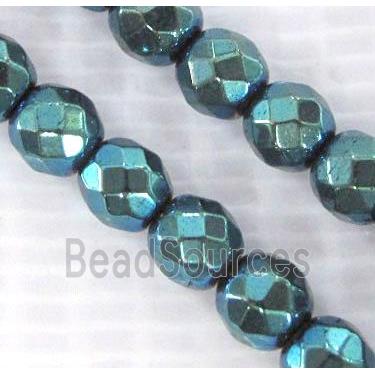 Hematite beads, no-Magnetic, faceted round, blue electroplated