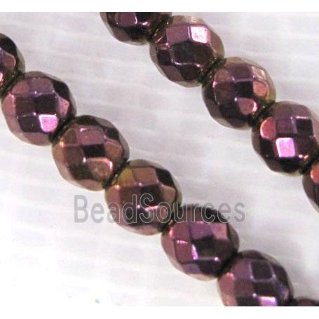 Hematite bead, no-Magnetic, faceted round, purple electroplated