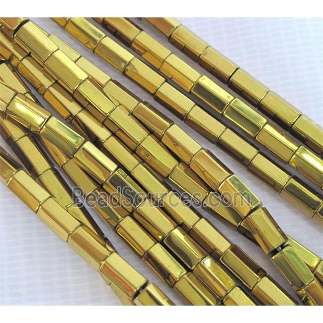 Hematite beads, faceted-tube, no-Magnetic, gold electroplated