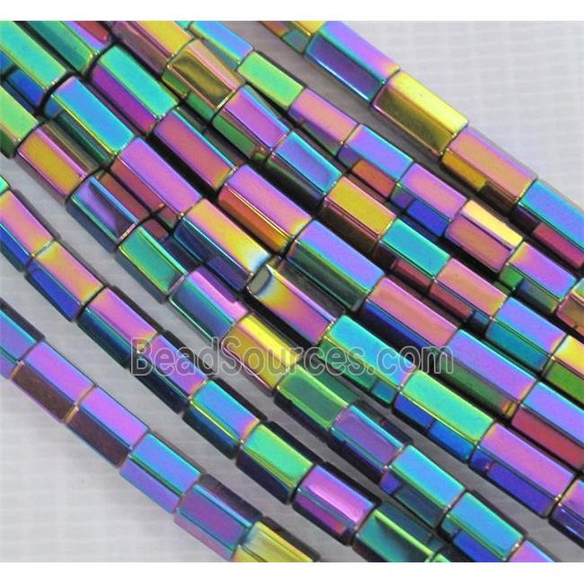 Hematite beads, faceted-tube, no-Magnetic, rainbow electroplated