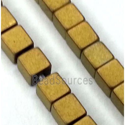 matte Hematite beads, no-Magnetic, cube, gold electroplated